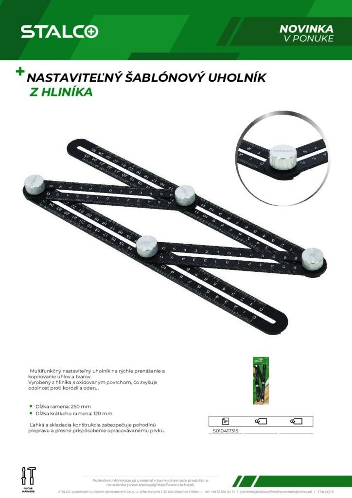 NASTAVITEĽNÝ ŠABLÓNOVÝ UHOLNÍK Z HLINÍKA