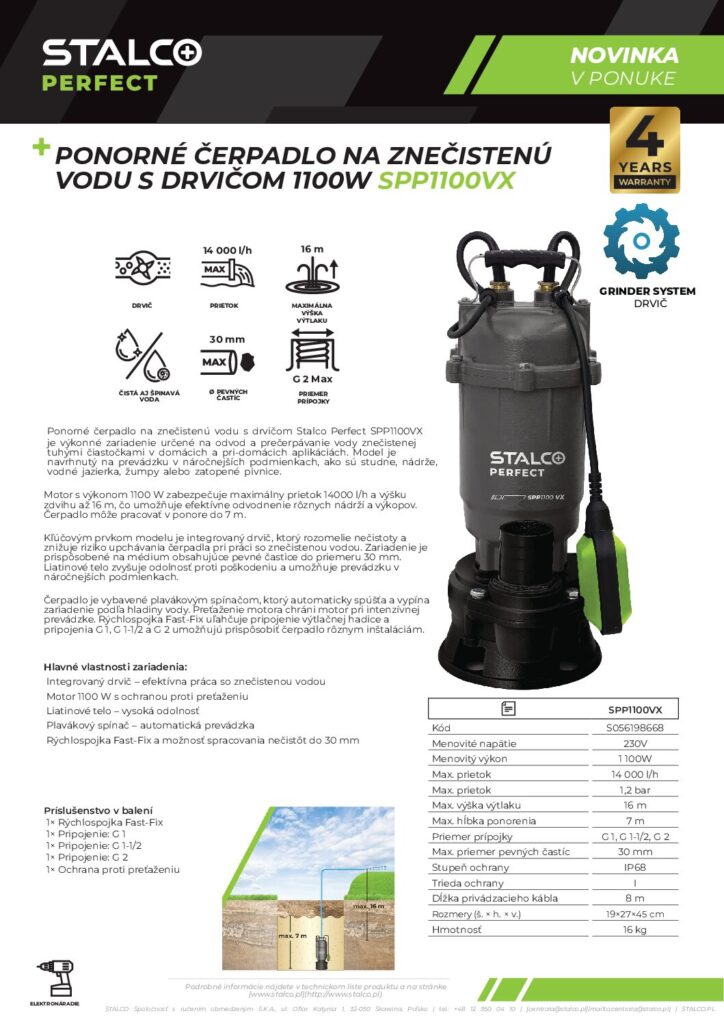PONORNÉ ČERPADLO NA ZNEČISTENÚ VODU S DRVIČOM 1100W SPP1100VX