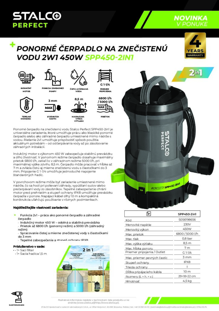 PONORNÉ ČERPADLO 450W SPP450-2IN1