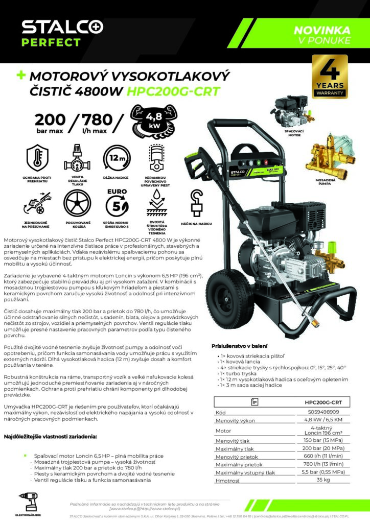 MOTOROVÝ VYSOKOTLAKOVÝ ČISTIČ 4800W HPC200G-CRT
